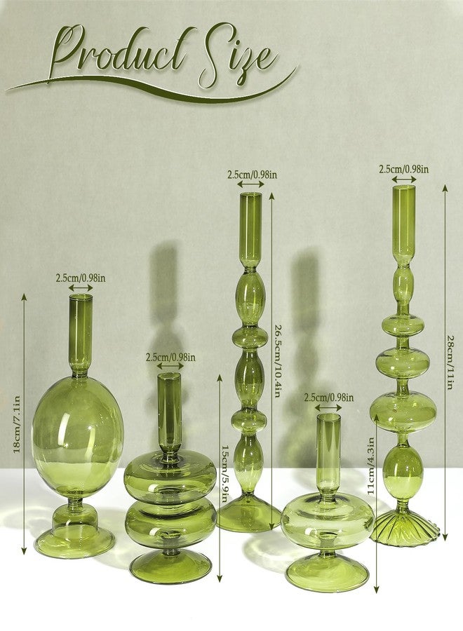 رتيري حامل شموع زجاجي من ريتيري، 5 قطع، حامل شموع زجاجي ملون، حامل شموع أنيق، حامل شموع بقاعدة شفافة بتصميم بوهيمي أنيق، مزهرية أنيقة لتزيين المنزل والحفلات (أخضر) - Image 2